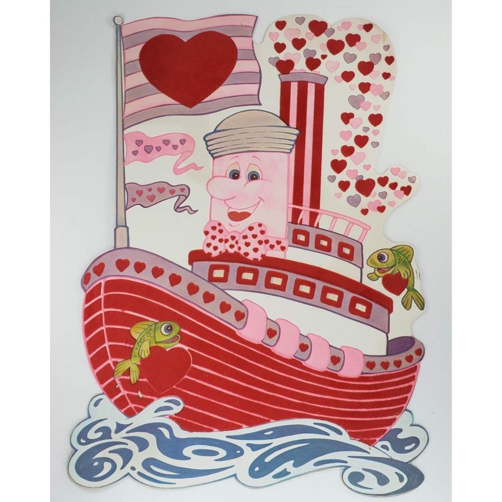 Vintage Peck Valentine's Day Die Cut Steamboat Tugboat Decoration Flocked 1987